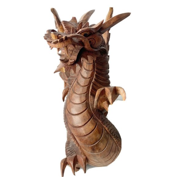 Wood Carved Flying Dragon Fantasy Large 12” X 12” - Picture 3 of 9